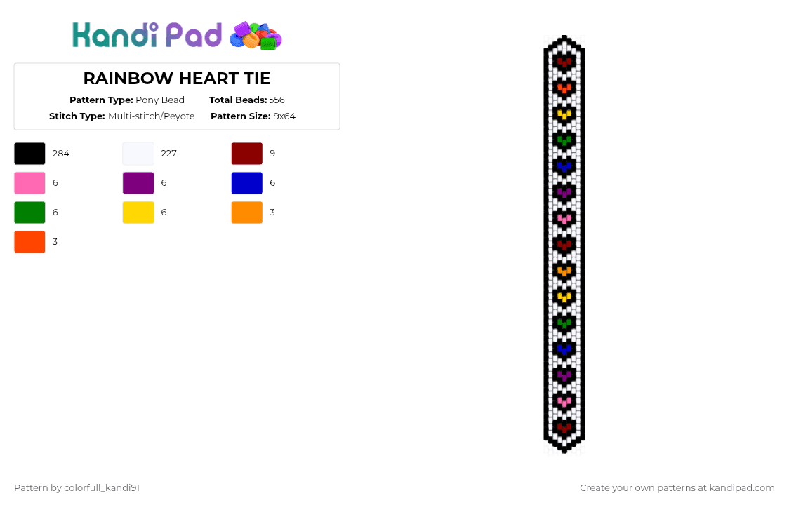 RAINBOW HEART TIE - Pony Bead Pattern by colorfull_kandi91 on Kandi Pad - black,white,pink,red,rainbow,heart,rainbow heart,tie,kandi,retro