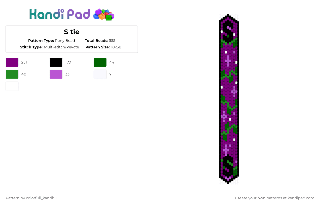 S tie - Pony Bead Pattern by colorfull_kandi91 on Kandi Pad - pink,s,tie,peyote,purple