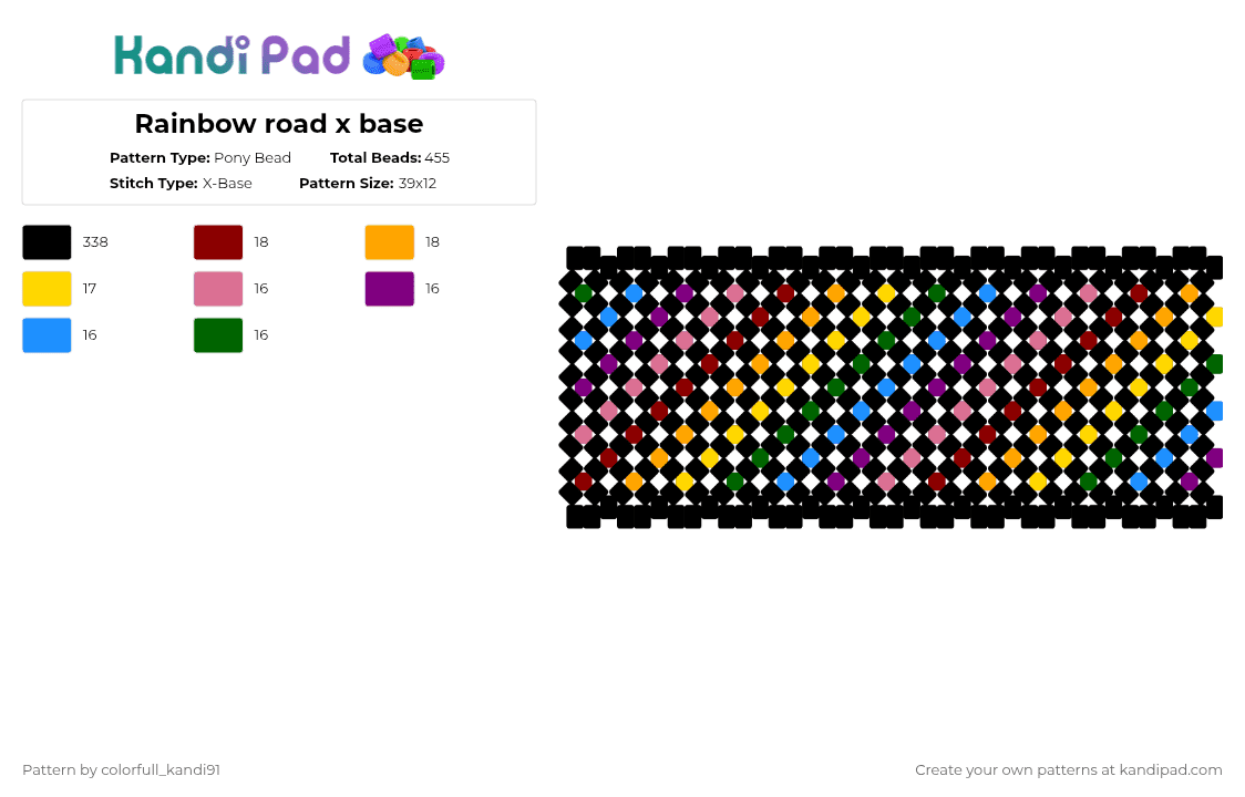 Rainbow road x base - Pony Bead Pattern by colorfull_kandi91 on Kandi Pad - black,red,pink,orange,rainbow,road,rainbow road,mario