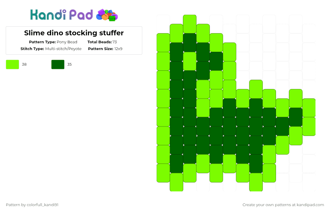 Slime dino stocking stuffer - Pony Bead Pattern by colorfull_kandi91 on Kandi Pad - green,dino,dinosaur,cute,slime,stocking