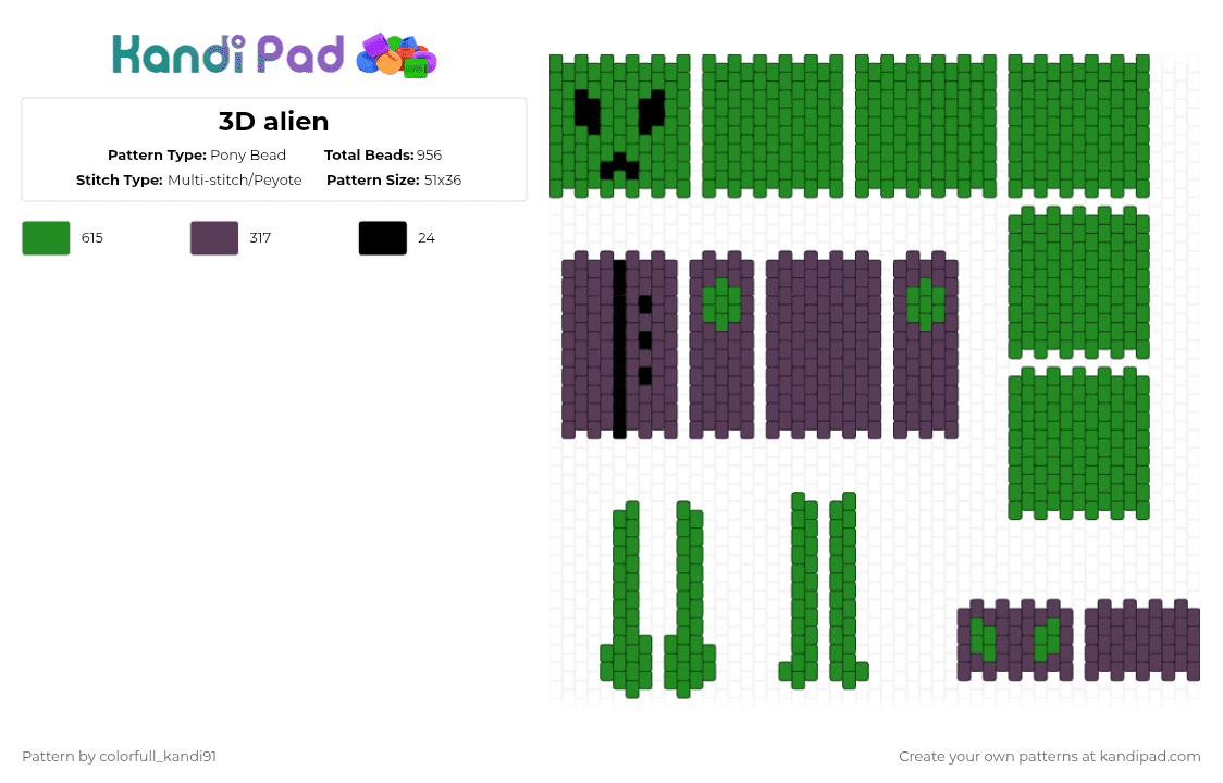 3D alien - Pony Bead Pattern by colorfull_kandi91 on Kandi Pad - alien,3d