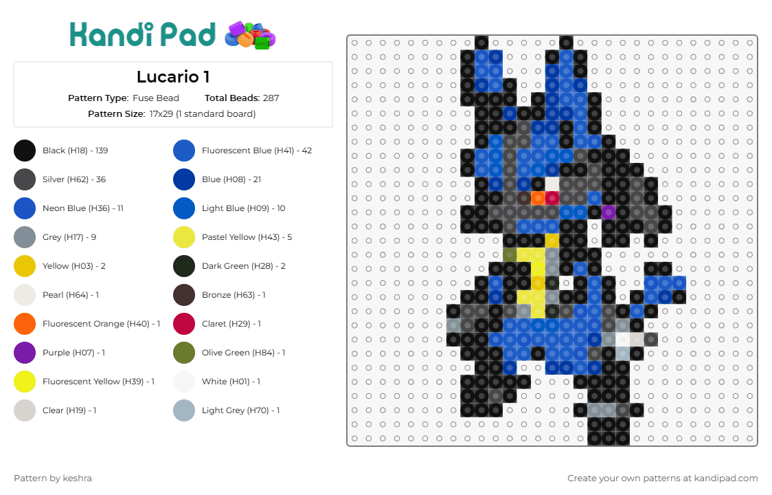 Lucario 1 - Fuse Bead Pattern by keshra on Kandi Pad - lucario,pokemon,iconic,dynamic blue,black,series,fans,expressive,gaming