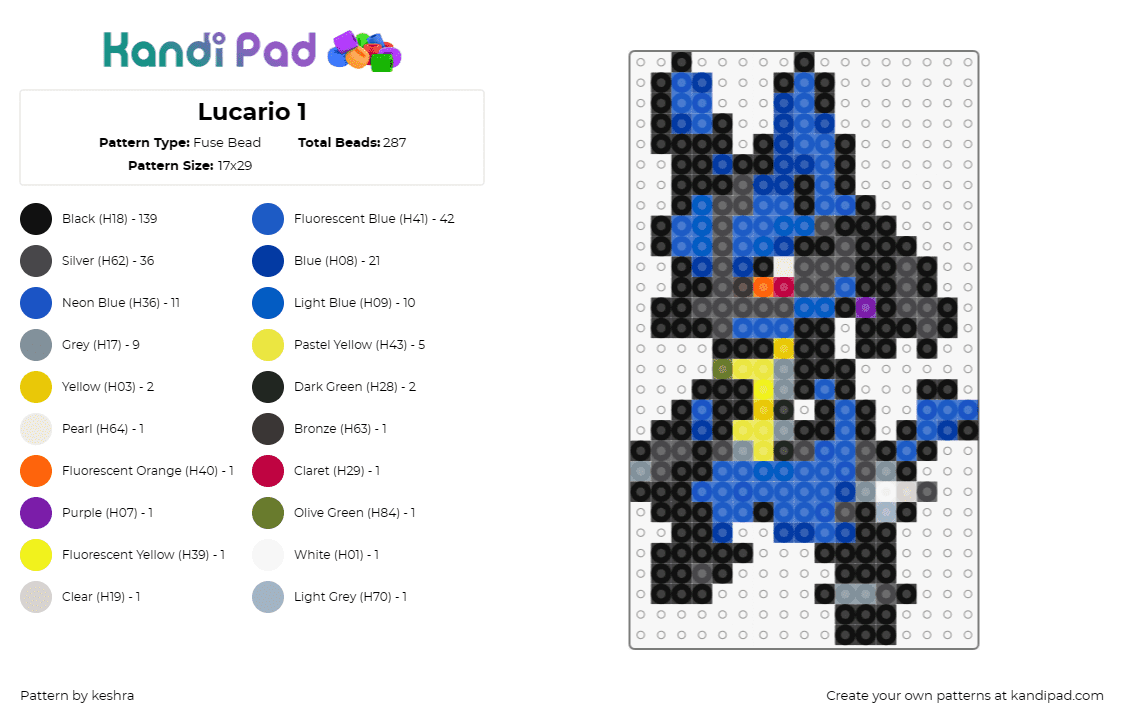 Lucario 1 - Fuse Bead Pattern by keshra on Kandi Pad - lucario,pokemon,dynamic blue,black,series,expressive,gaming