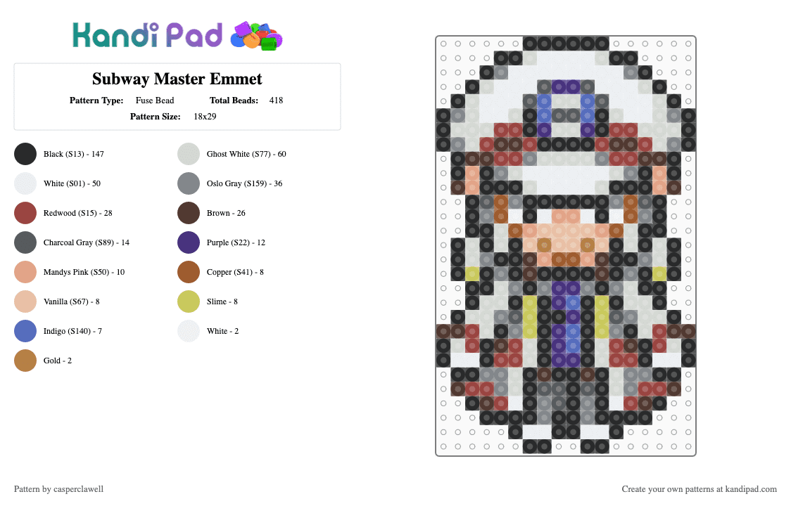 Subway Master Emmet - Fuse Bead Pattern by casperclawell on Kandi Pad - brown, colorful, gray, pokemon, submas, white