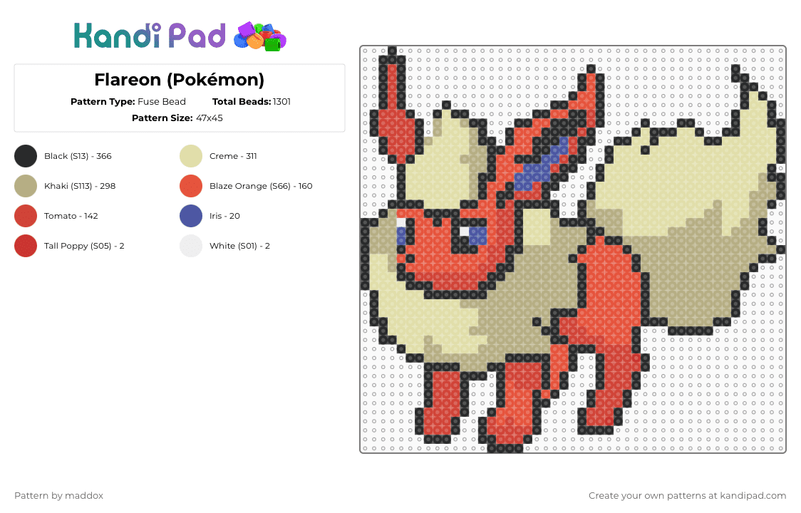Flareon (Pokémon) - Fuse Bead Pattern by maddox on Kandi Pad - beige,yellow,red