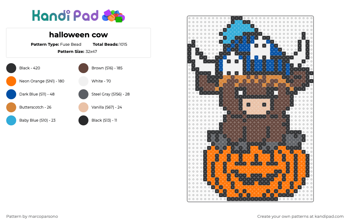 halloween cow - Fuse Bead Pattern by marcoparsono on Kandi Pad - cow,highland cow,pumpkin,cute,jackolantern,halloween,animal,holiday,farm,spooky,black,brown,orange