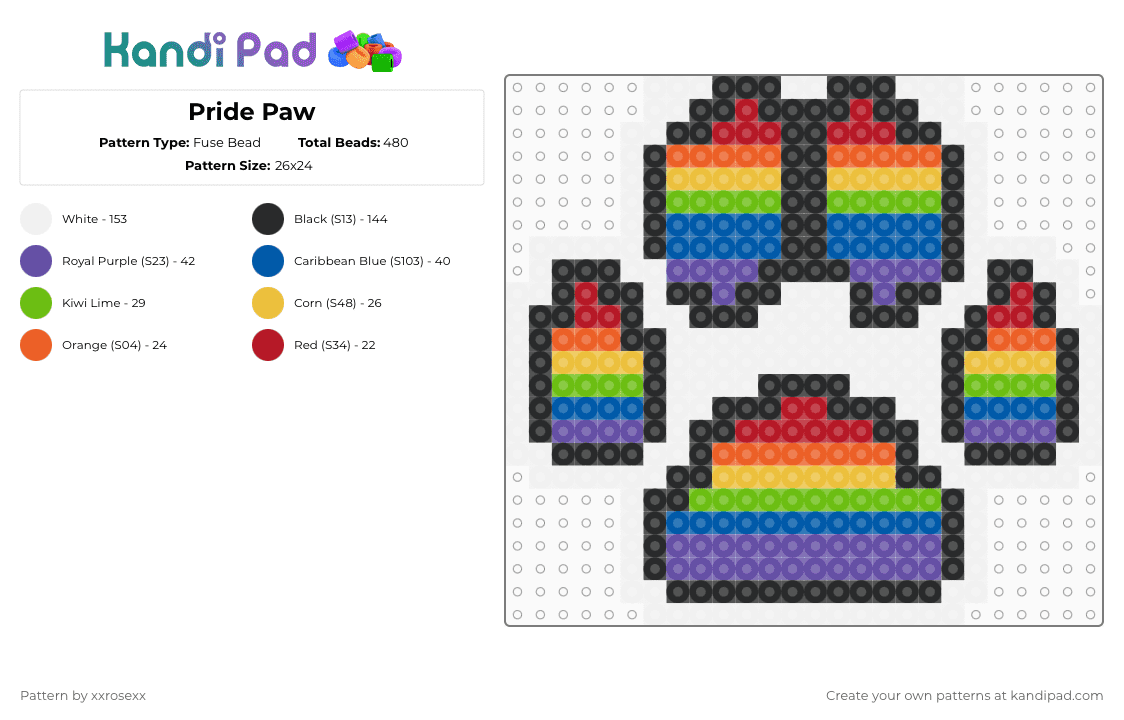 Pride Paw - Fuse Bead Pattern by pawsss on Kandi Pad - white,green,blue,purple,pride,furry,gay,paw,pride paw,pride pawz