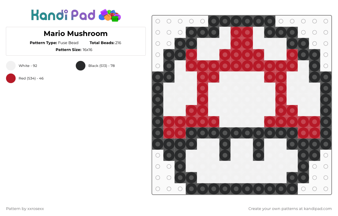 Mario Mushroom - Fuse Bead Pattern by pawsss on Kandi Pad - red,white,mario,gaming,retro games,mario mushroom,mushroom,simple,beginner friendly