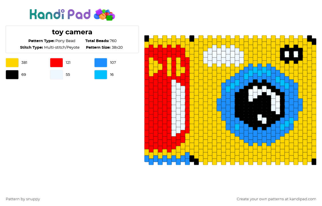 toy camera - Pony Bead Pattern by snuppy on Kandi Pad - yellow,kidcore