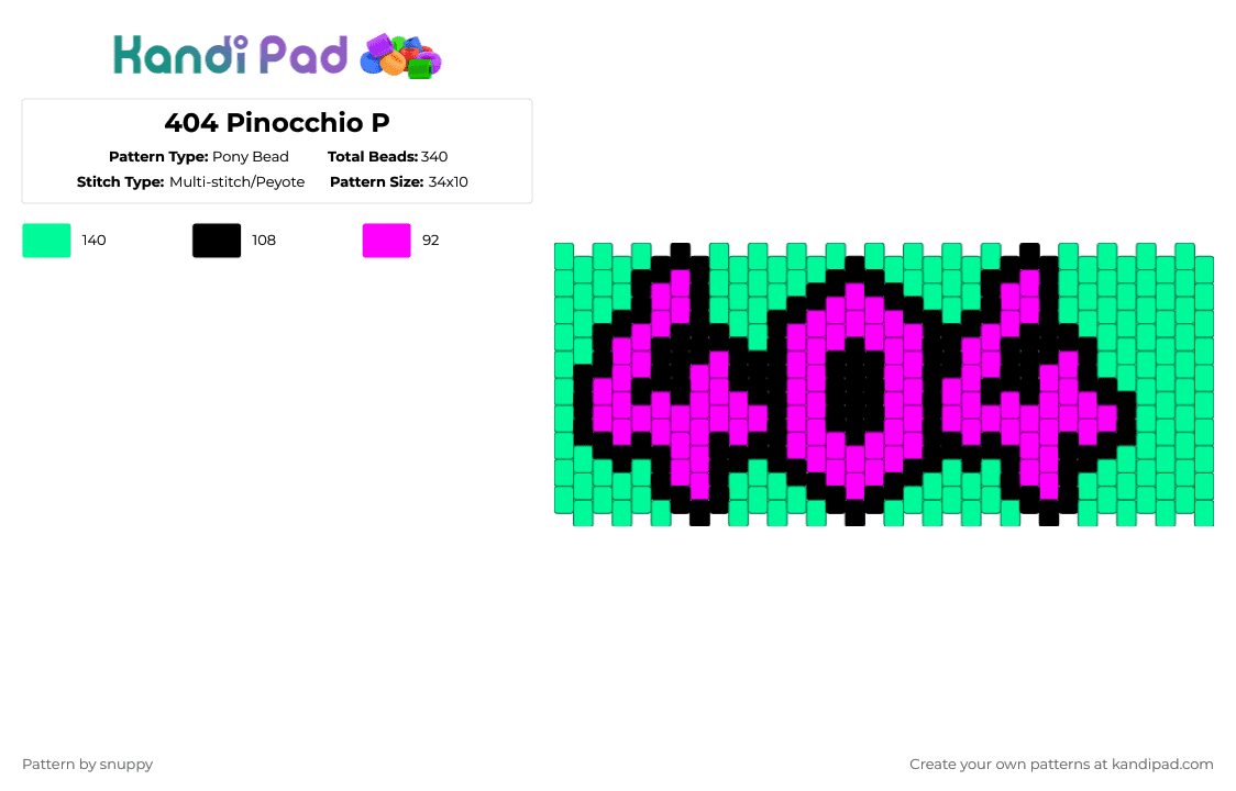 404 Pinocchio P - Pony Bead Pattern by snuppy on Kandi Pad - pink,teal