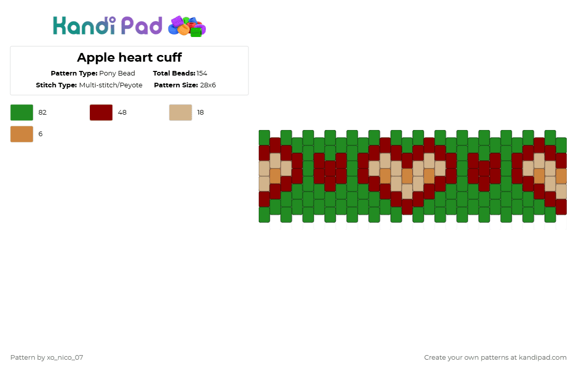 Apple heart cuff - Pony Bead Pattern by xo_nico_07 on Kandi Pad - green,red,apple,ponybead,fruit,cuff,cute,brown