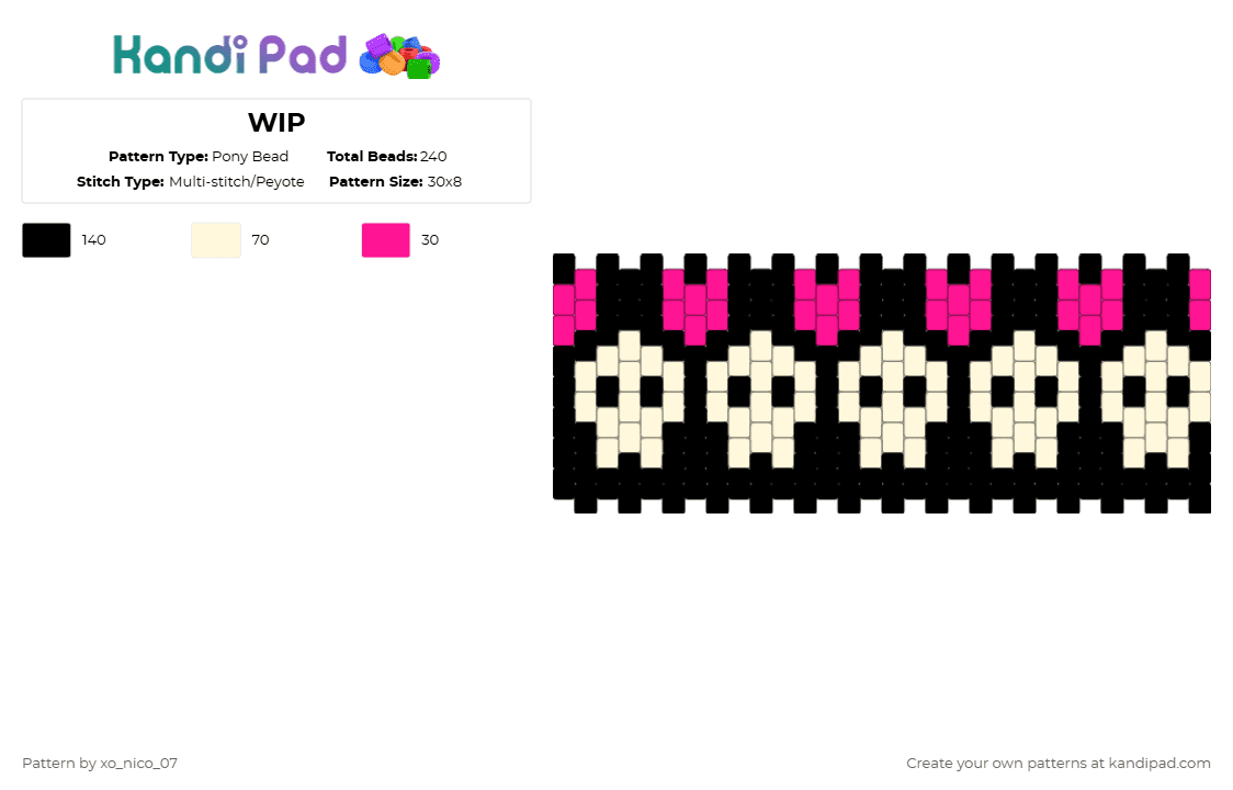 Skulls In Love - Pony Bead Pattern by xo_nico_07 on Kandi Pad - white,pink,skulls,cute,love,black,kandi,cuff