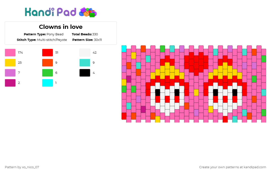 Clowns in love - Pony Bead Pattern by xo_nico_07 on Kandi Pad - pink,red,clown,silly,multicolored,kandicuff,romance,clowns,cute,ponybeads