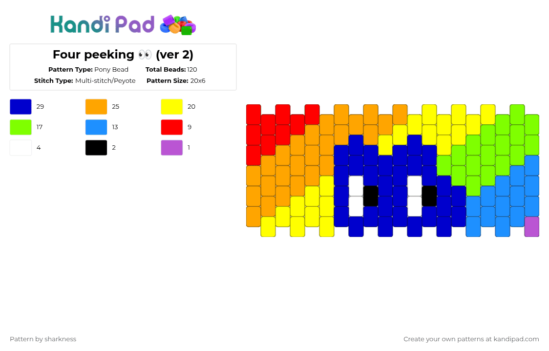 Four peeking 👀 (ver 2) - Pony Bead Pattern by sharkness on Kandi Pad - orange,yellow,green,purple,bfdi,battle for dream island,bfb,tpot,idfb,bfdia,four,print
