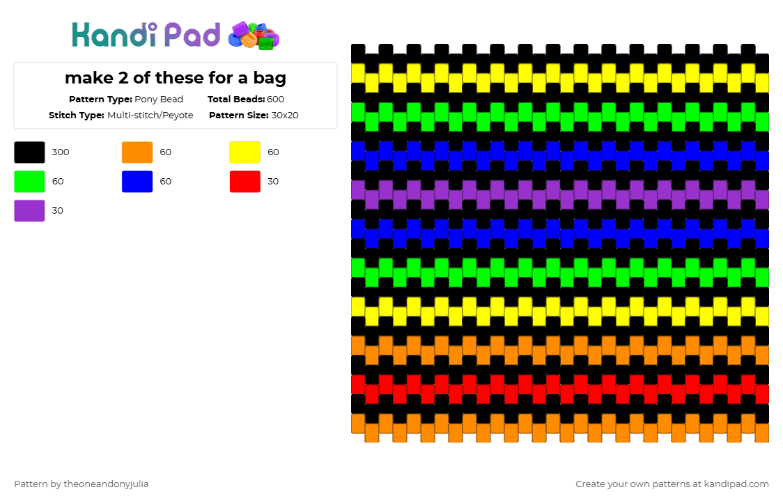 make 2 of these for a bag - Pony Bead Pattern by theoneandonyjulia on Kandi Pad - black,yellow,purple,colorful