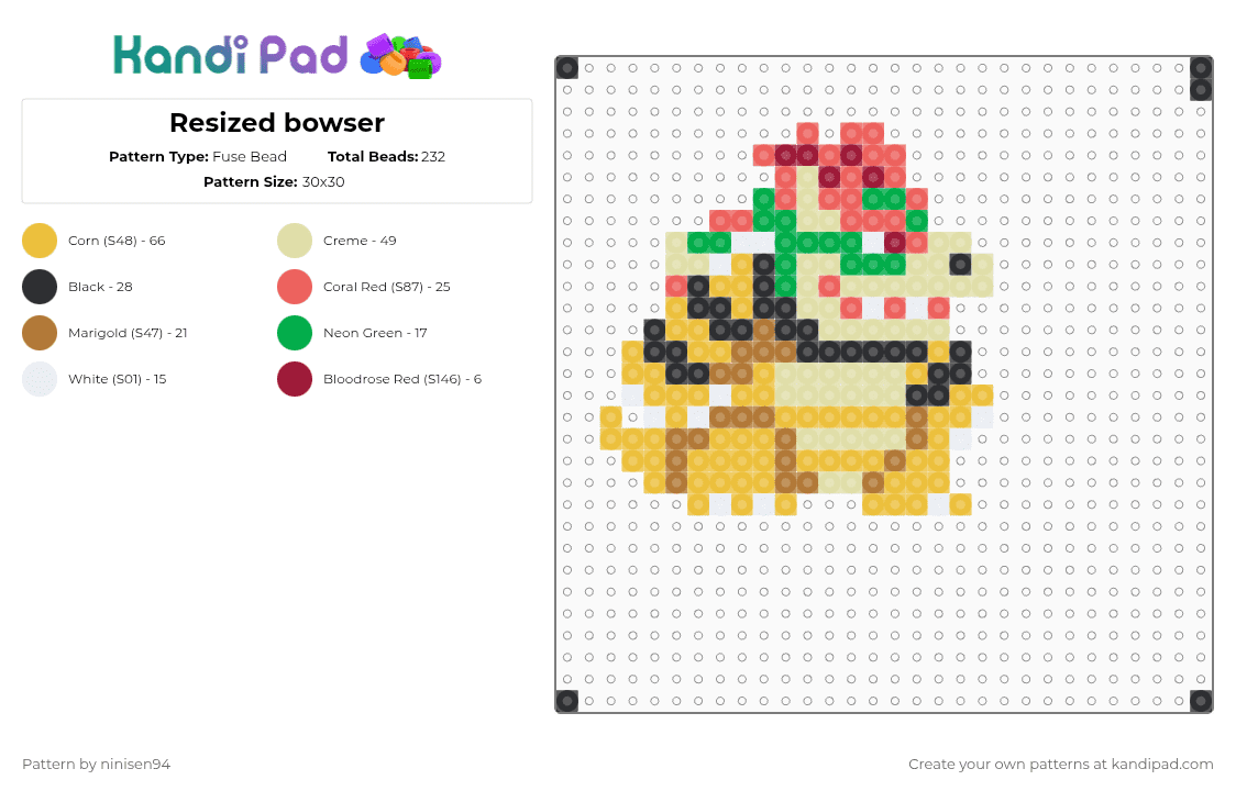 Resized bowser - Fuse Bead Pattern by ninisen94 on Kandi Pad - yellow