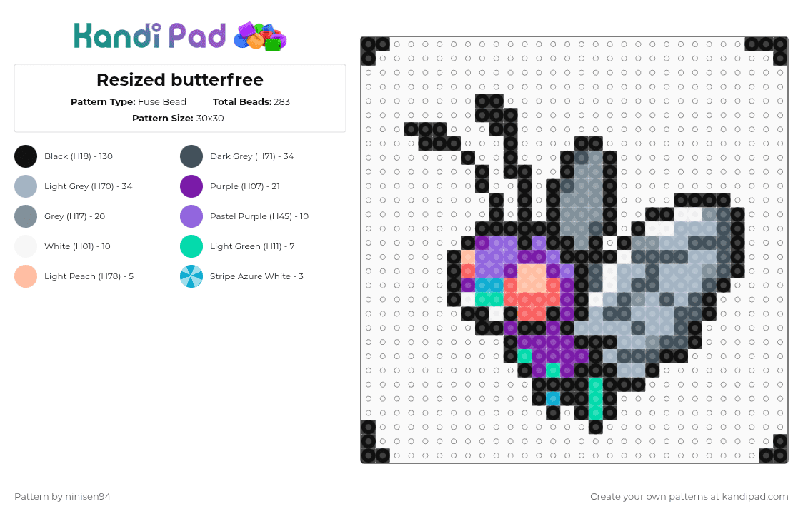 Resized butterfree - Fuse Bead Pattern by ninisen94 on Kandi Pad - black,purple,gray,pink