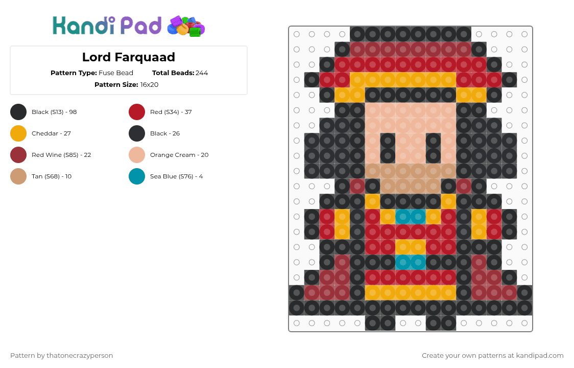 Lord Farquaad - Fuse Bead Pattern by thatonecrazyperson on Kandi Pad - black,beige,red,shrek
