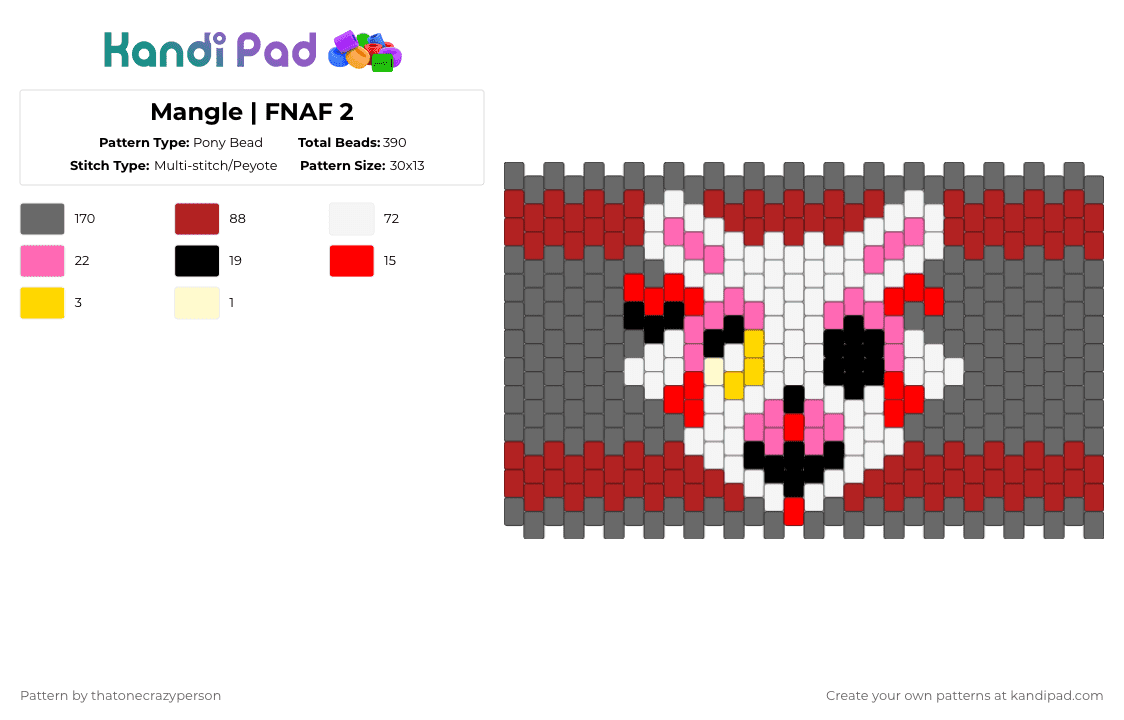 Mangle | FNAF 2 - Pony Bead Pattern by thatonecrazyperson on Kandi Pad - gray,red,fnaf,mangle,fnaf2