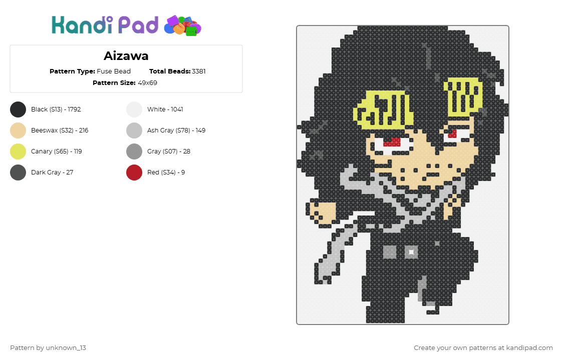 Aizawa - Fuse Bead Pattern by deleted_user_621910 on Kandi Pad - black,white,beige