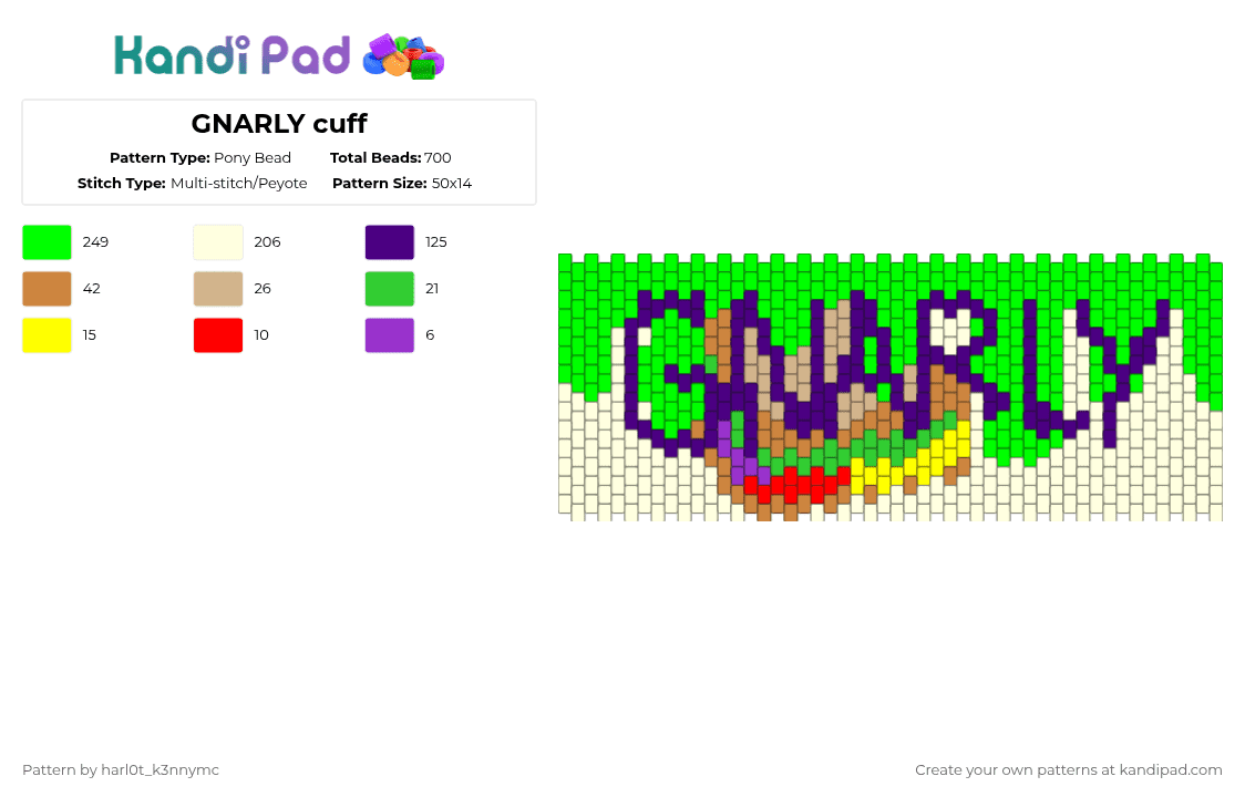 GNARLY cuff - Pony Bead Pattern by m1ndl3ss_ch3m1cal on Kandi Pad - purple,green