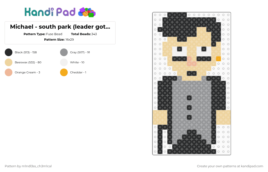 Michael - south park (leader goth kid) - Fuse Bead Pattern by m1ndl3ss_ch3m1cal on Kandi Pad - beige,gray
