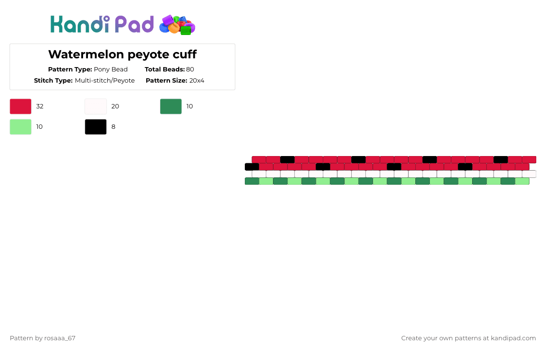Watermelon peyote cuff - Pony Bead Pattern by rosaaa_67 on Kandi Pad - red,cotdcreativity,watermelon,peyote,cuff,peyote cuff,white,green