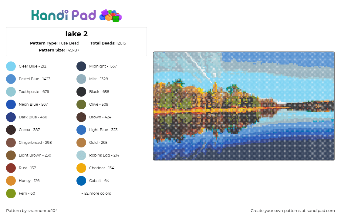 lake 2 - Fuse Bead Pattern by shannonrae104 on Kandi Pad - lake,landscape,nature,autumn trees,reflection,water,tranquility,natural beauty,b