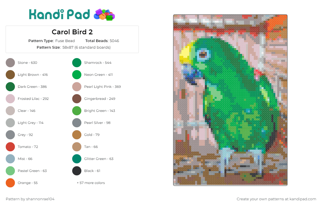 Carol Bird 2 - Fuse Bead Pattern by shannonrae104 on Kandi Pad - bird,parakeet,parrot,animal,vibrant green,yellow,plumage,bird lovers,crafters