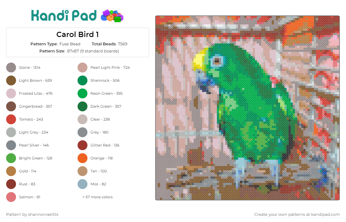 Carol Bird 1 - Fuse Bead Pattern by shannonrae104 on Kandi Pad - bird,parrot,parakeet,animal,lifelike,captivating,greens,stunning,pose,array
