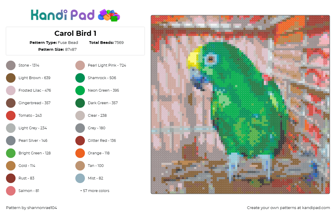 Carol Bird 1 - Fuse Bead Pattern by shannonrae104 on Kandi Pad - bird,parrot,parakeet,animal,lifelike,greens,stunning,pose,array