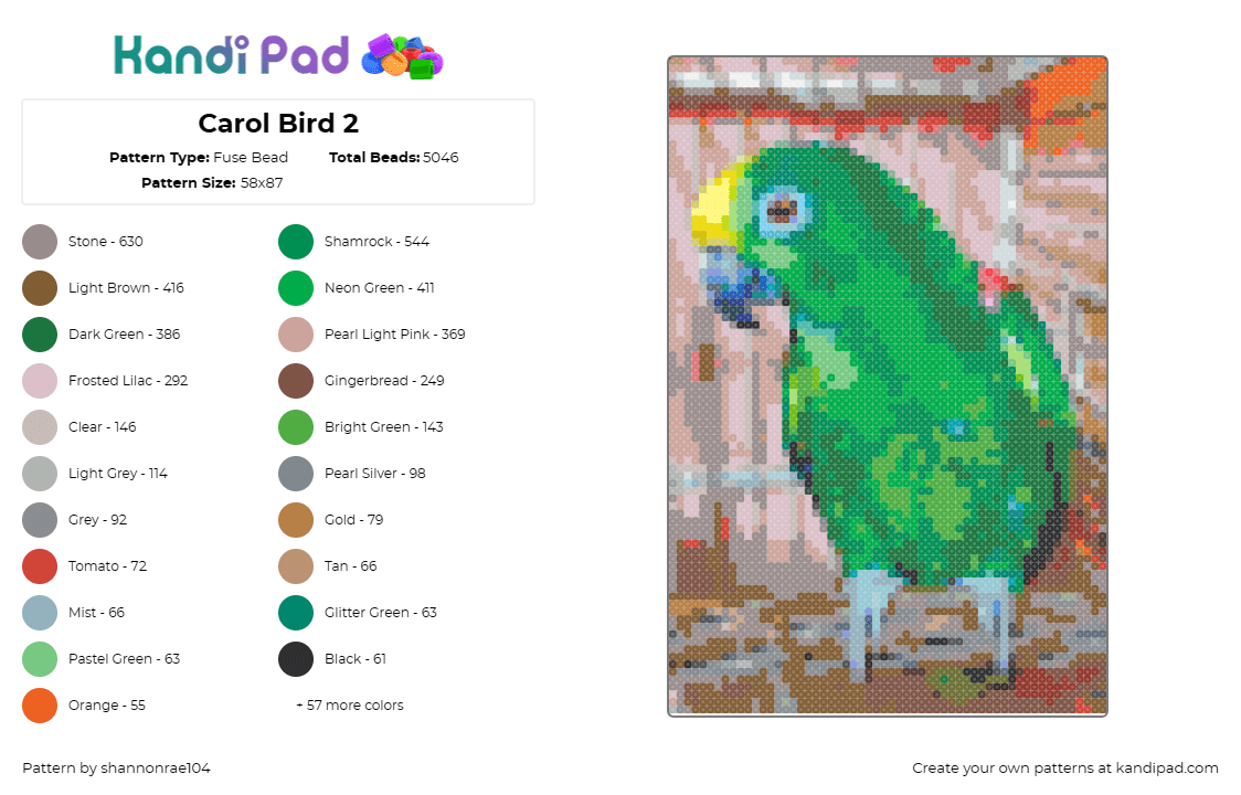 Carol Bird 2 - Fuse Bead Pattern by shannonrae104 on Kandi Pad - bird,parakeet,parrot,animal,vibrant green,yellow,plumage,bird lovers