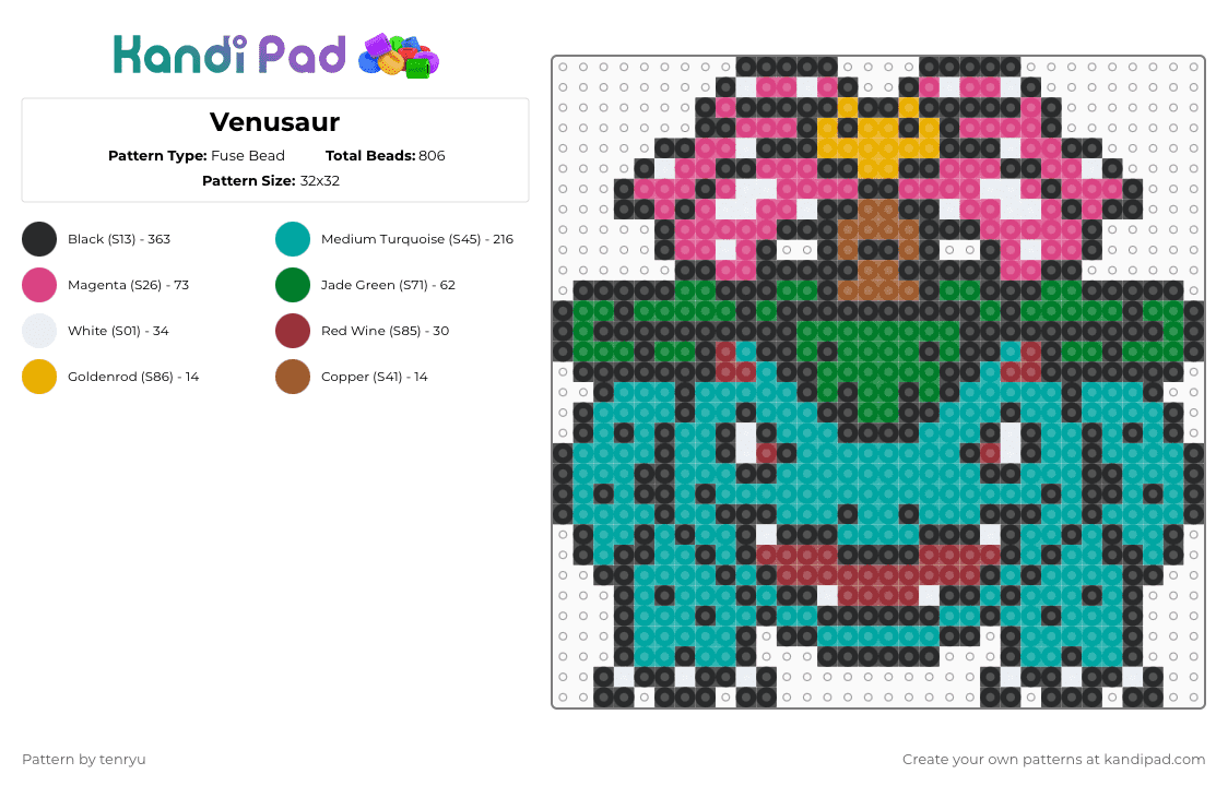 Venusaur - Fuse Bead Pattern by tenryu on Kandi Pad - venusaur,pokemon,creature,video game,gaming,black,pink,teal