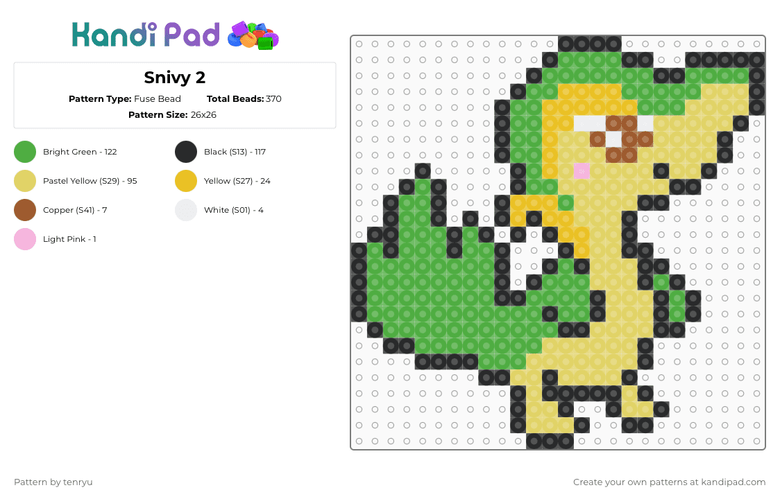 Snivy 2 - Fuse Bead Pattern by tenryu on Kandi Pad - yellow,green,pokemon