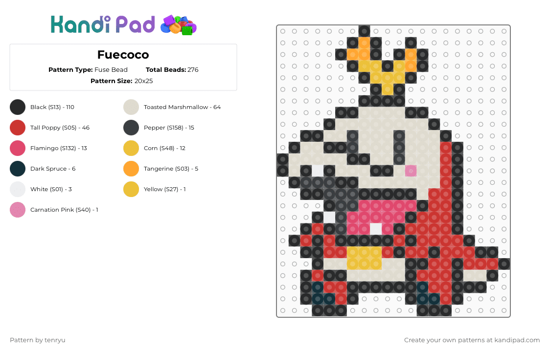 Fuecoco - Fuse Bead Pattern by tenryu on Kandi Pad - black,beige,red,pokemon