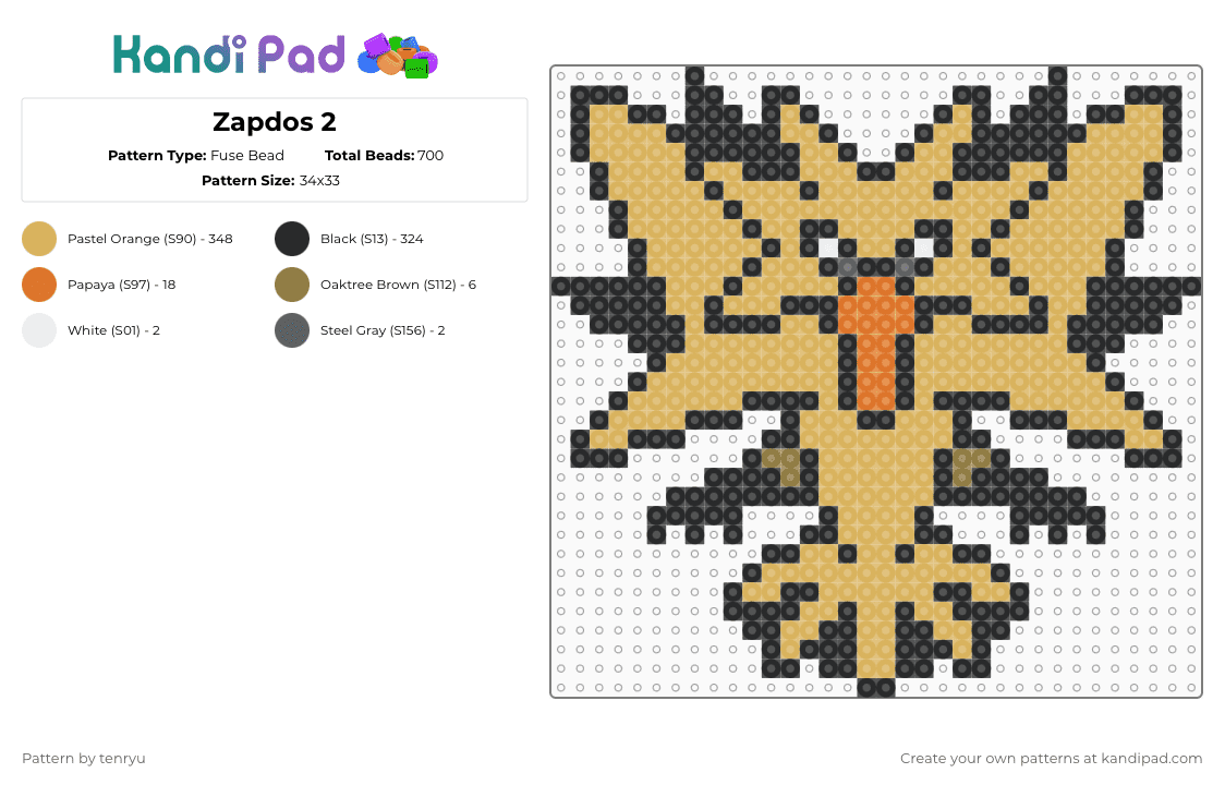Zapdos 2 - Fuse Bead Pattern by tenryu on Kandi Pad - orange