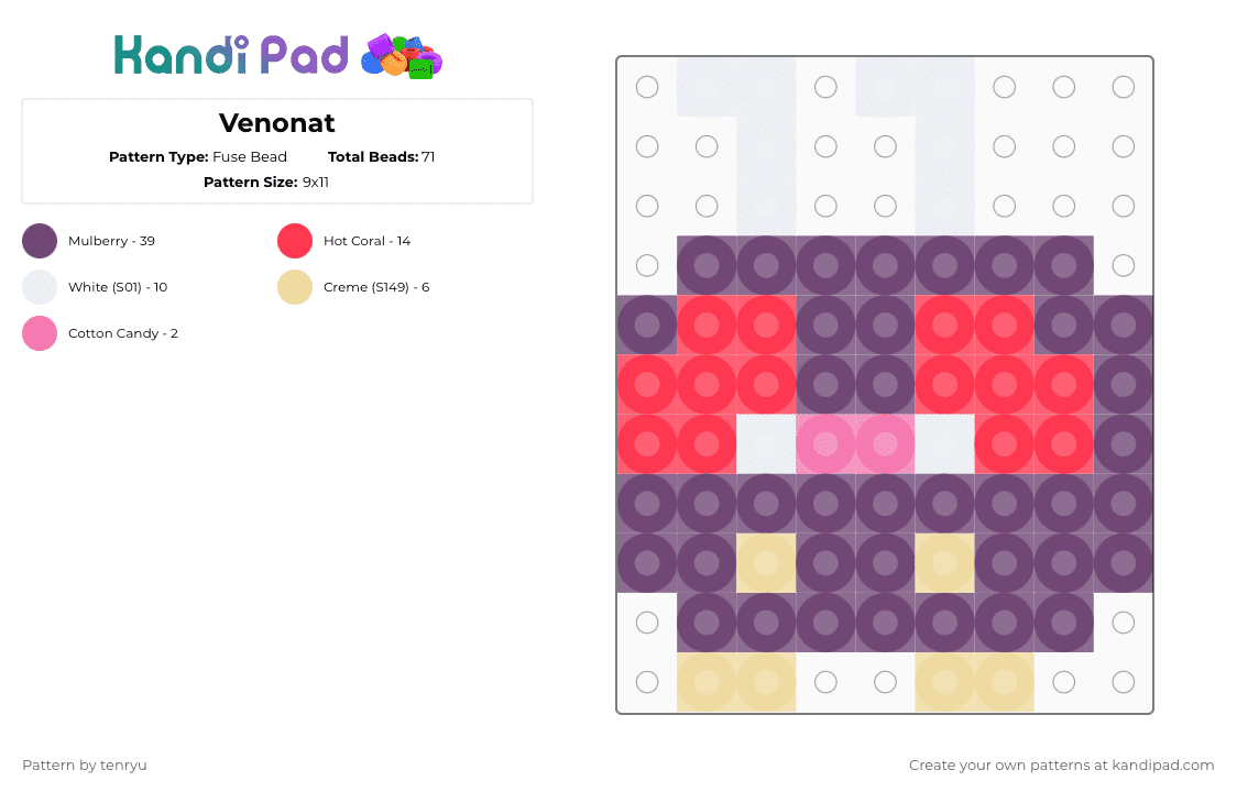 Venonat - Fuse Bead Pattern by tenryu on Kandi Pad - pink