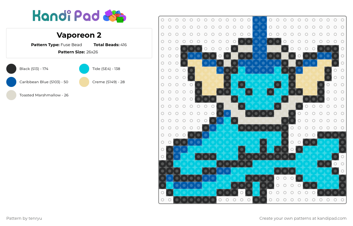 Vaporeon 2 - Fuse Bead Pattern by tenryu on Kandi Pad - light blue