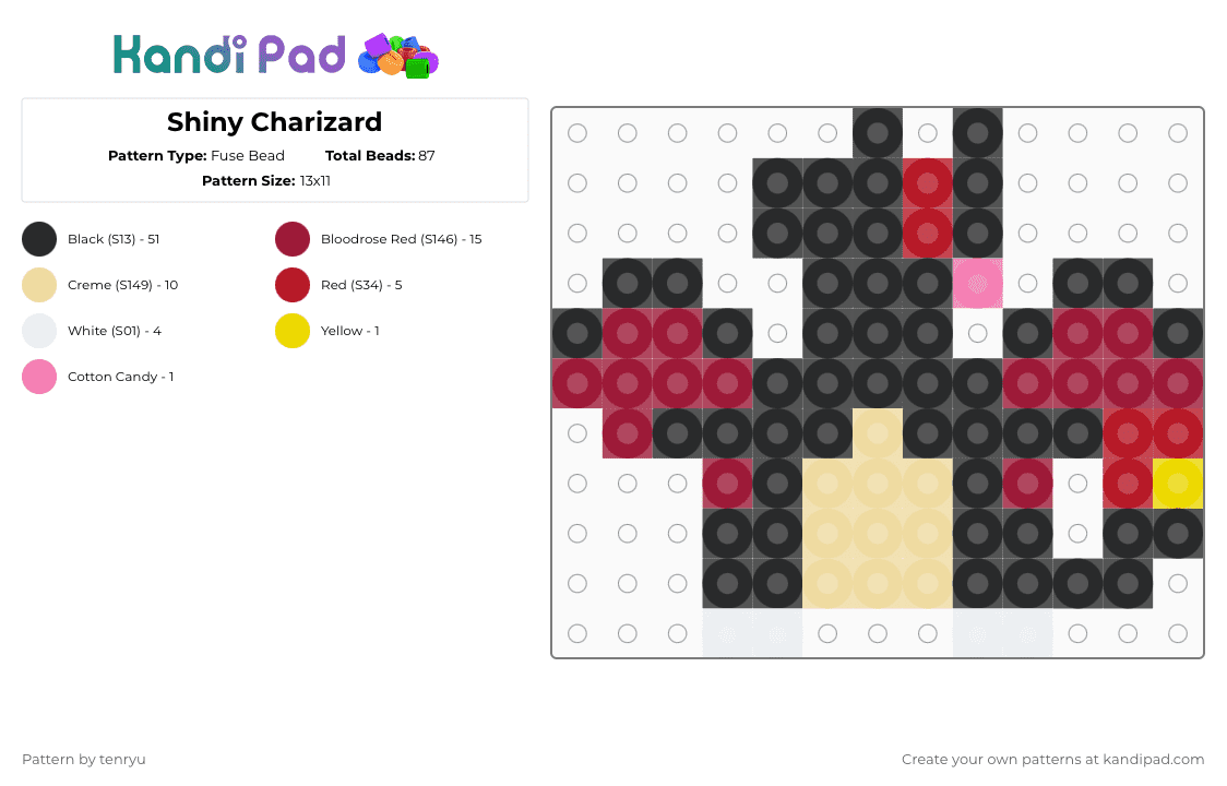 Shiny Charizard - Fuse Bead Pattern by tenryu on Kandi Pad - black,beige,red
