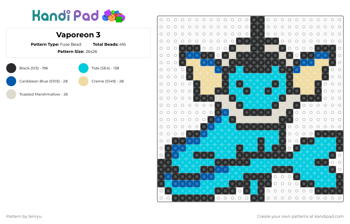 Vaporeon 3 - Fuse Bead Pattern by tenryu on Kandi Pad - light blue