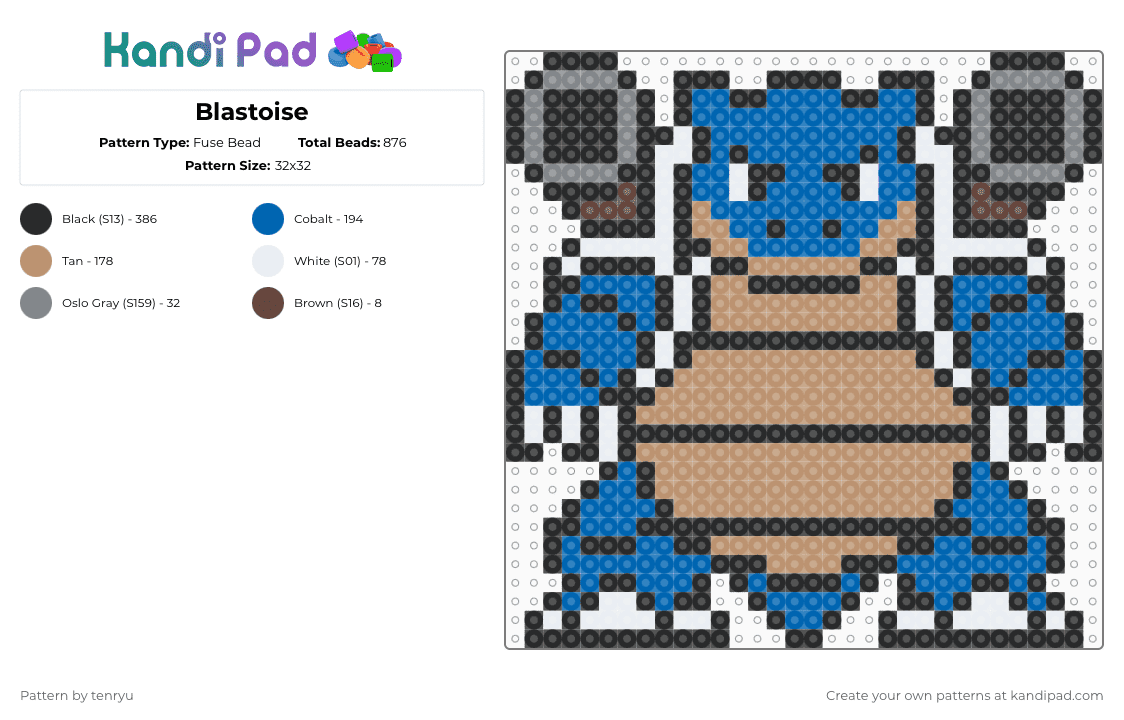 Blastoise - Fuse Bead Pattern by tenryu on Kandi Pad - blastoise,pokemon,video game,gaming,blue,beige