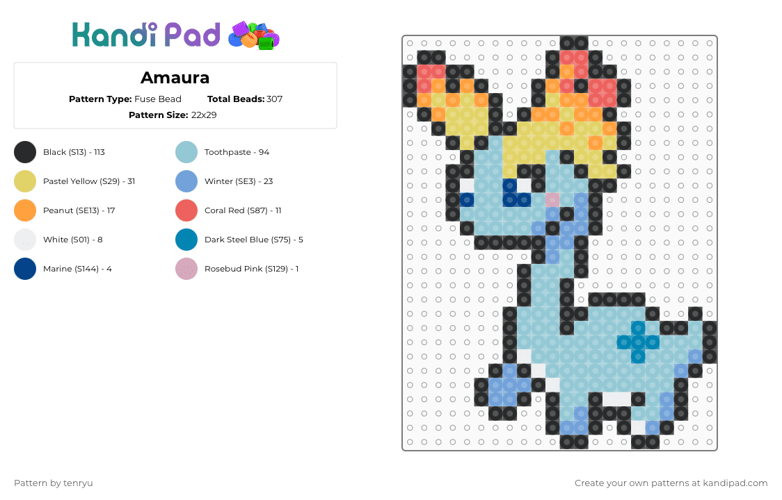Amaura - Fuse Bead Pattern by tenryu on Kandi Pad - light blue,yellow,pokemon