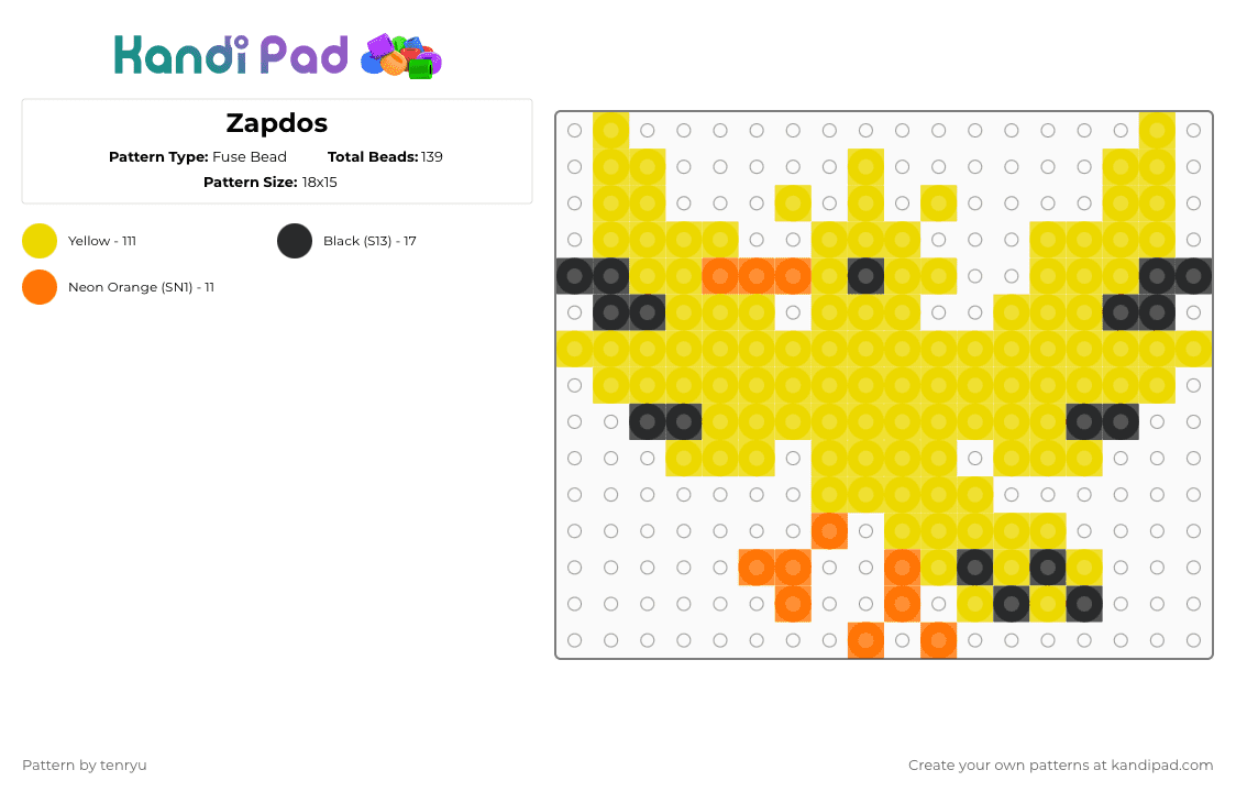 Zapdos - Fuse Bead Pattern by tenryu on Kandi Pad - yellow