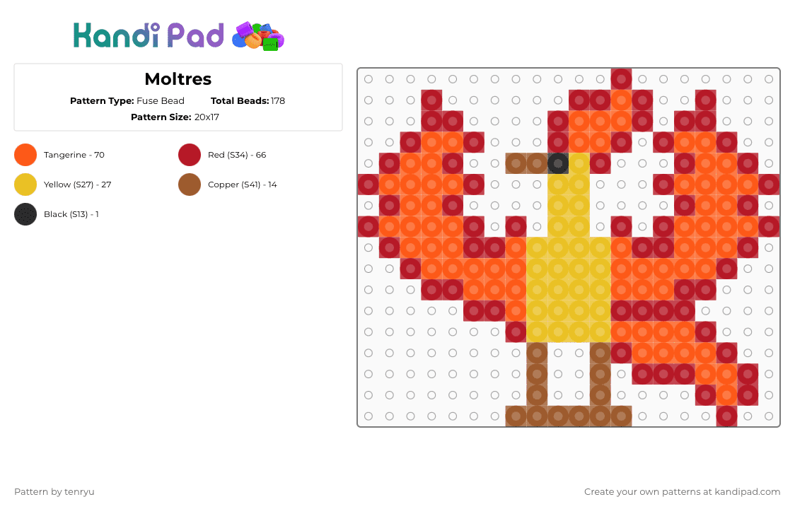 Moltres - Fuse Bead Pattern by tenryu on Kandi Pad - red,orange