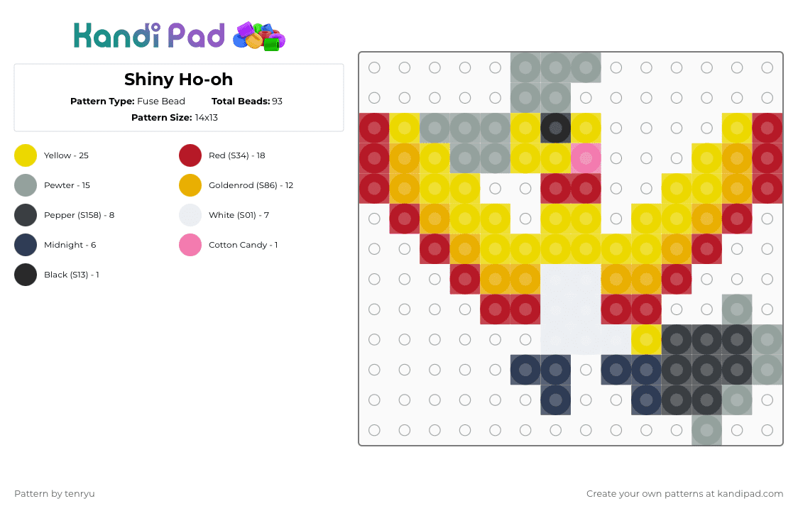 Shiny Ho-oh - Fuse Bead Pattern by tenryu on Kandi Pad - gray,red,orange,yellow