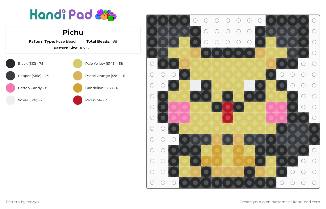 Pichu - Fuse Bead Pattern by tenryu on Kandi Pad - black,yellow,pokemon