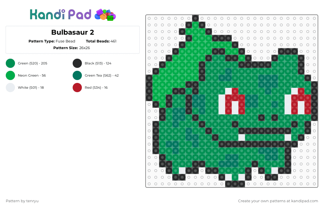 Bulbasaur 2 - Fuse Bead Pattern by tenryu on Kandi Pad - green
