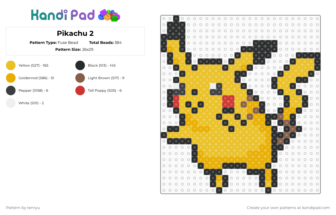 Pikachu 2 - Fuse Bead Pattern by tenryu on Kandi Pad - yellow,pokemon
