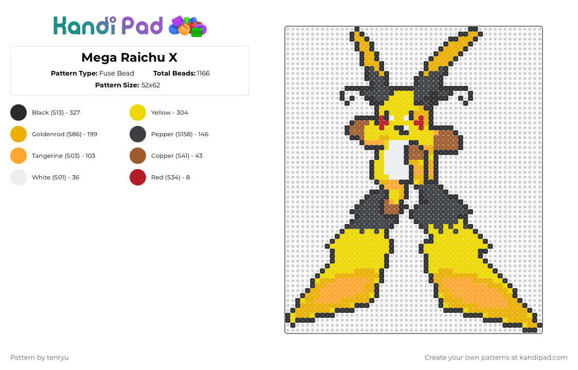 Mega Raichu X - Fuse Bead Pattern by tenryu on Kandi Pad - yellow,orange,pokemon