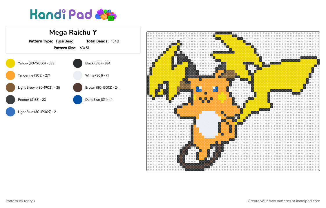 Mega Raichu Y - Fuse Bead Pattern by tenryu on Kandi Pad - orange, pokemon, yellow